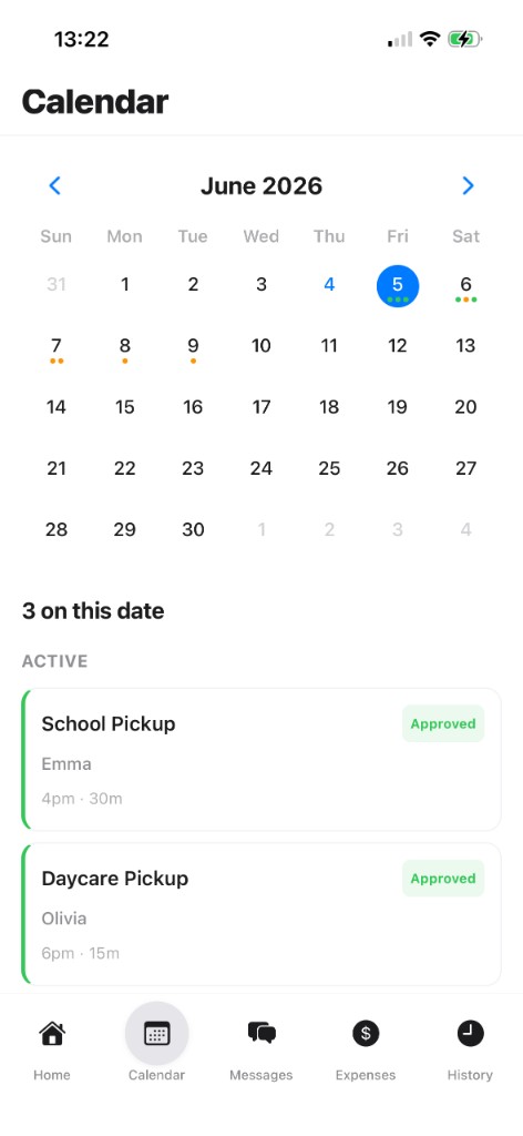 Mollify calendar screen showing custody days, pickups, and shared events