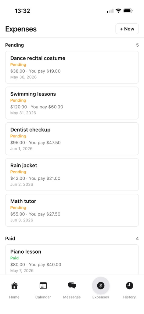 Mollify expenses screen showing pending and paid shared costs