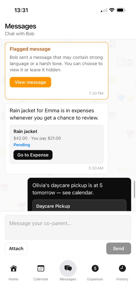 Mollify messaging screen with tone check on a flagged message