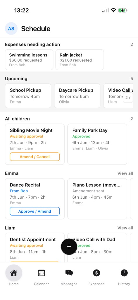 Mollify schedule screen showing upcoming pickups, expenses needing action, and events awaiting approval
